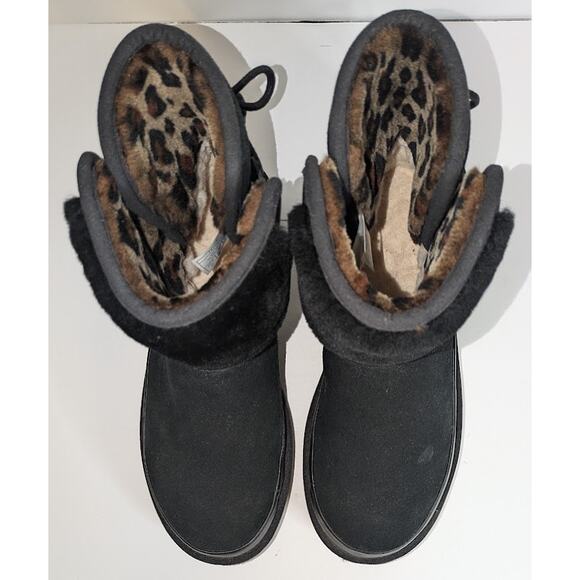 UGG Women's 10 Classic Leopard Lined Bow Black Suede Boots Animal Print 1105354 - Picture 4 of 14